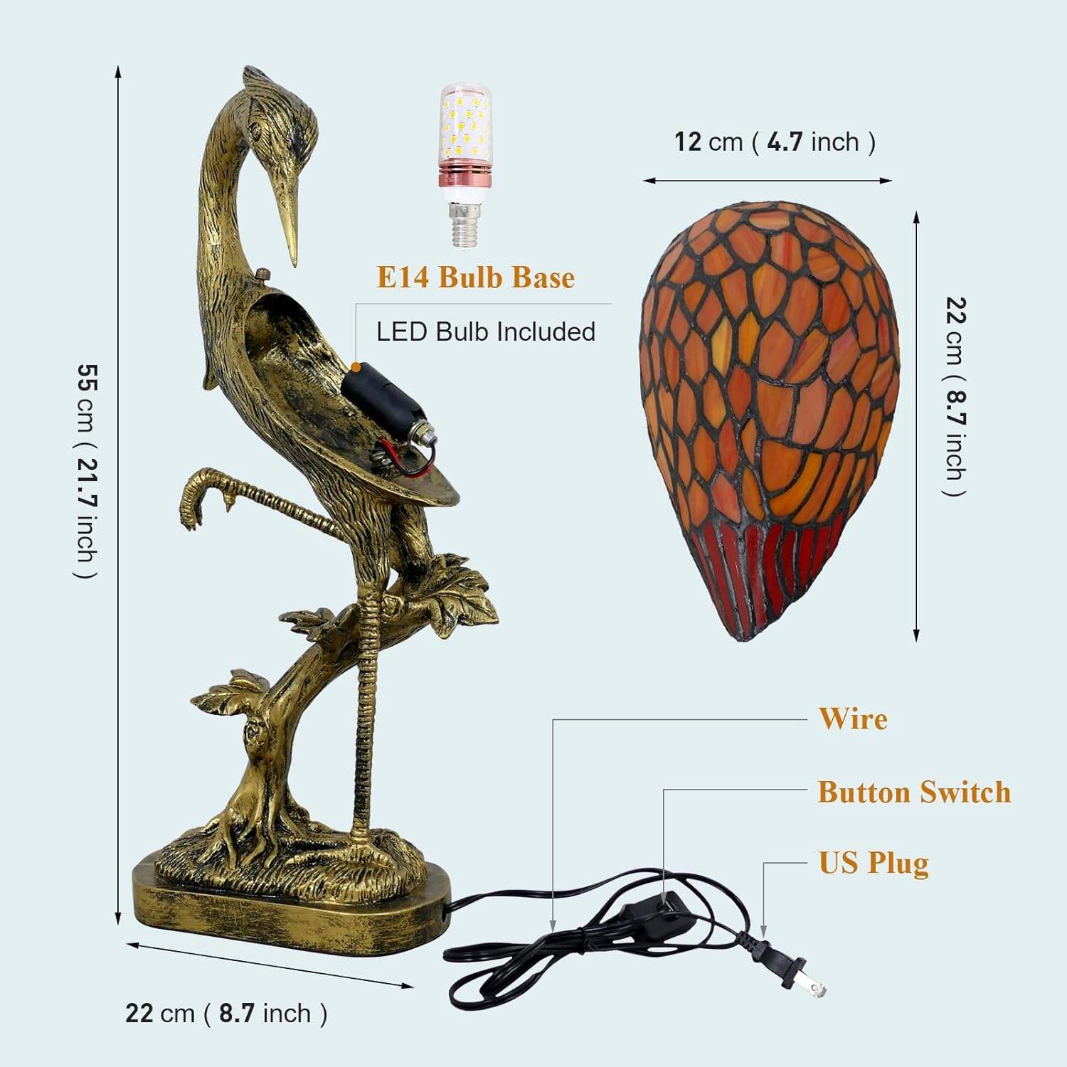 Orange Crane Tiffany Stained Glass Table Lamp - Jingangvwan Retro LED Bedside Light